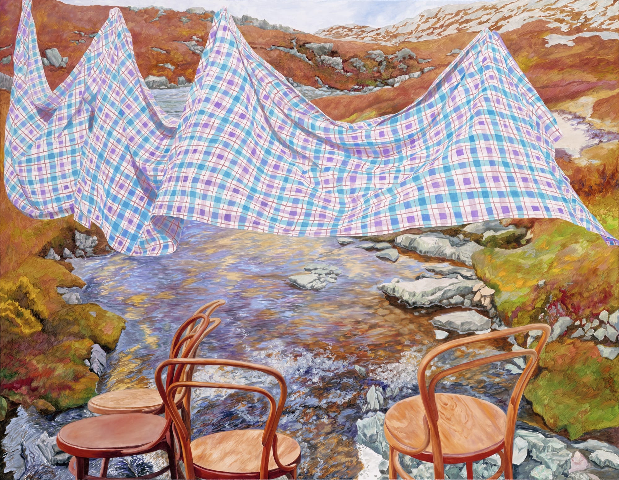 In Monica Rohan's Paintings, Tablecloths and Chairs Uncannily Perch in Remote Landscapes